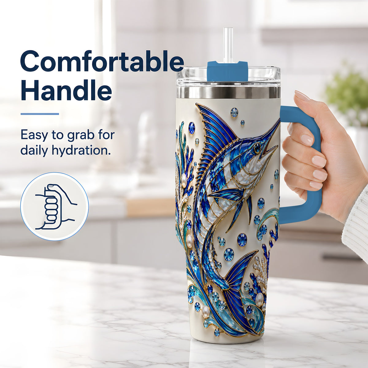 #pl[40oz|Blue] Blue Billfish 40oz Tumbler, Faceted Ocean Coral and Pearl Artwork