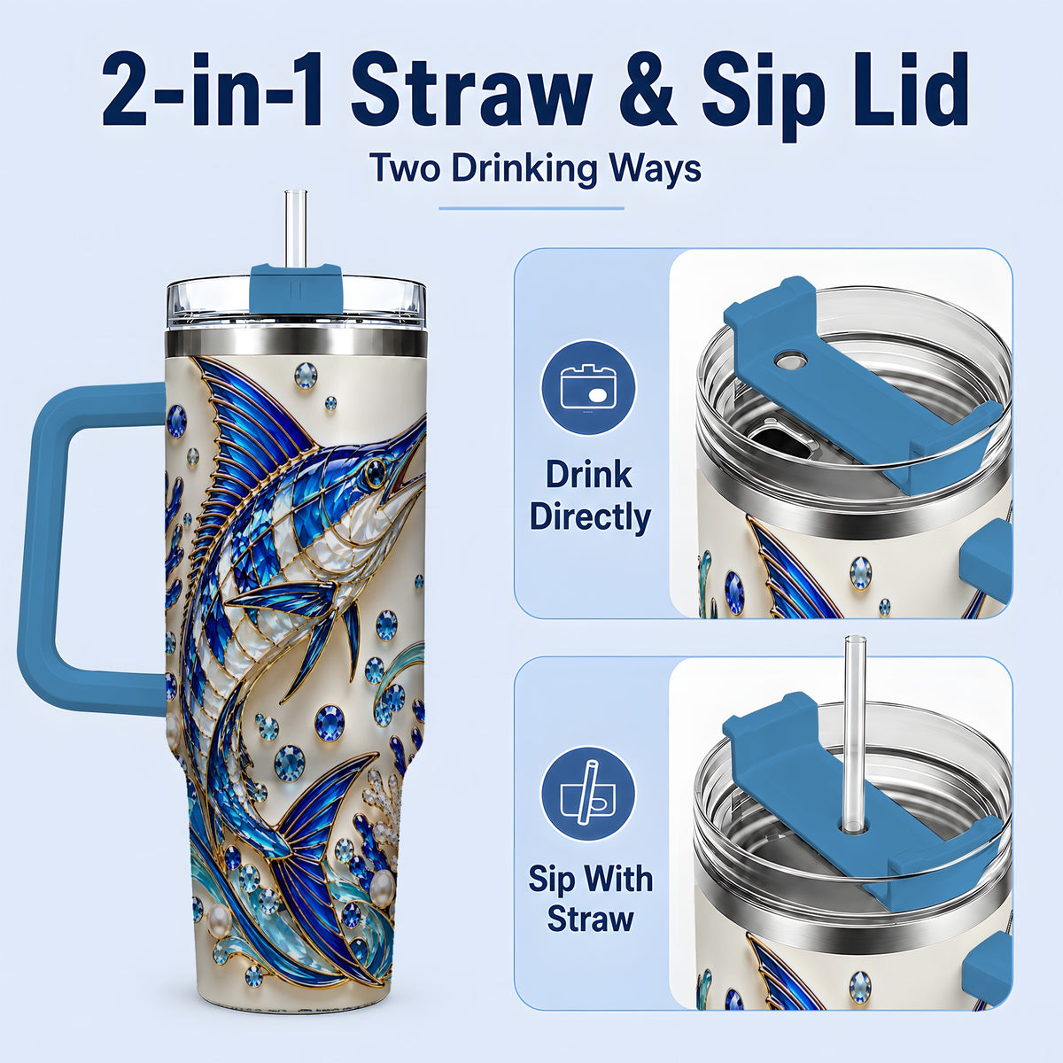 #pl[40oz|Blue] Blue Billfish 40oz Tumbler, Faceted Ocean Coral and Pearl Artwork