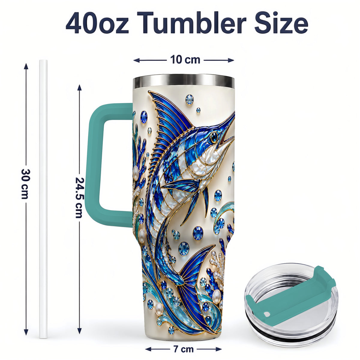 #pl[40oz|Green] Blue Billfish 40oz Tumbler, Faceted Ocean Coral and Pearl Artwork