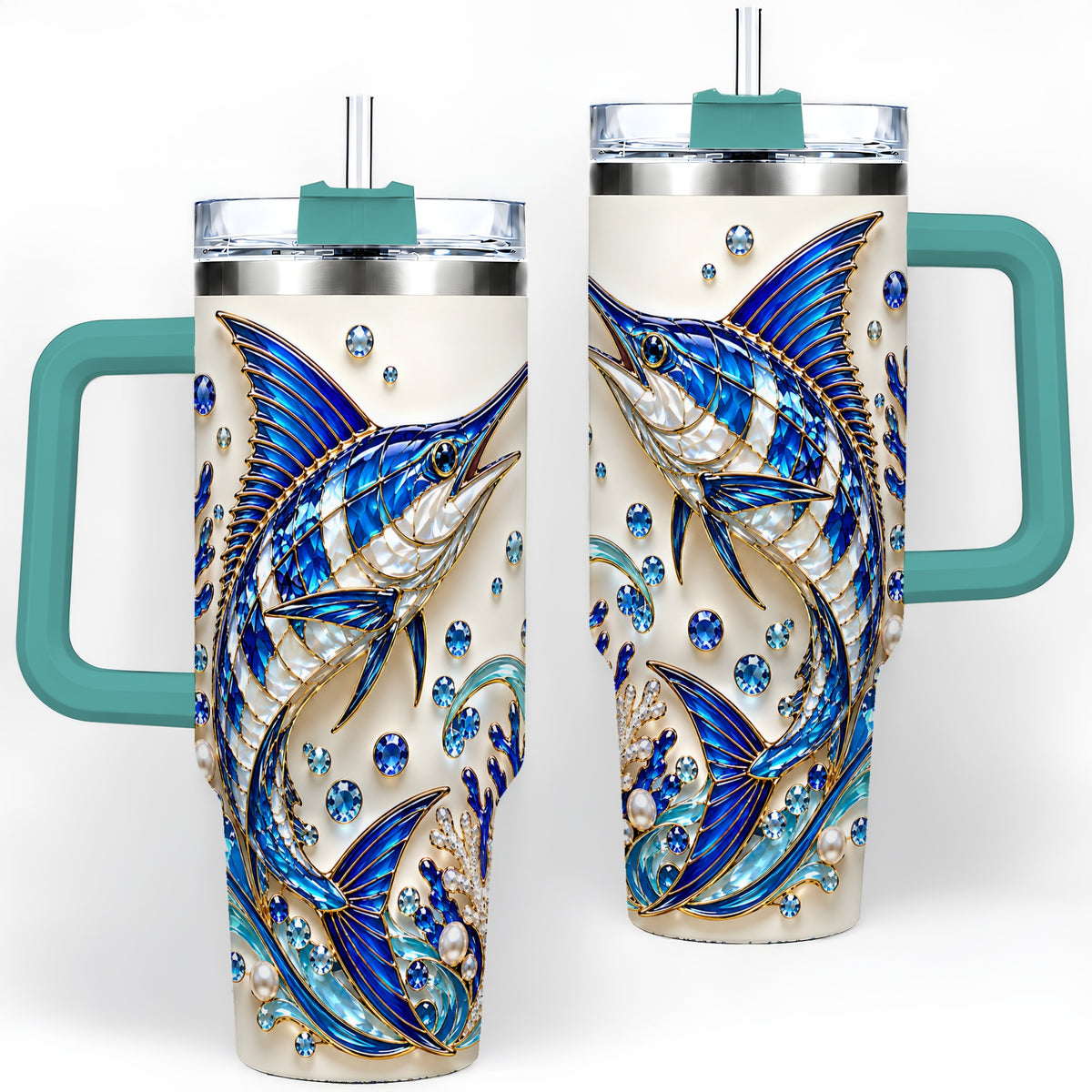 #pl[40oz|Green] Blue Billfish 40oz Tumbler, Faceted Ocean Coral and Pearl Artwork