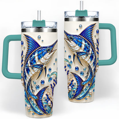 #pl[40oz|Green] Blue Billfish 40oz Tumbler, Faceted Ocean Coral and Pearl Artwork