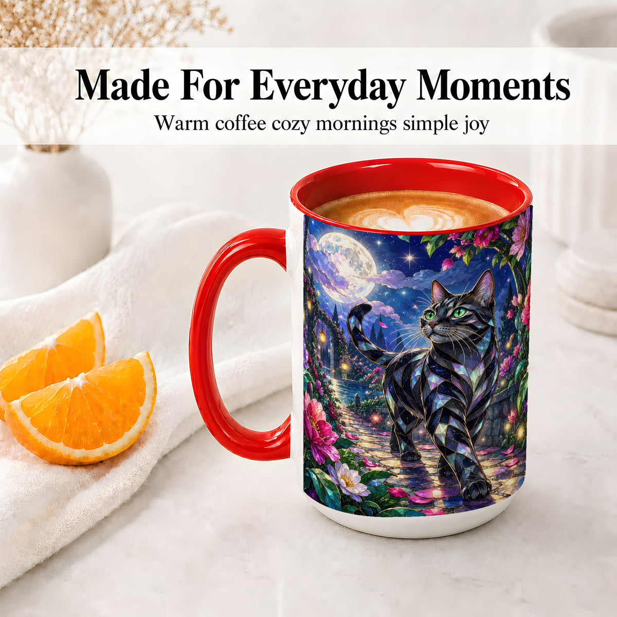 #pl[15oz|Red] Stained Glass Style Cat Accent Mug, Ceramic Mug with Floral Art