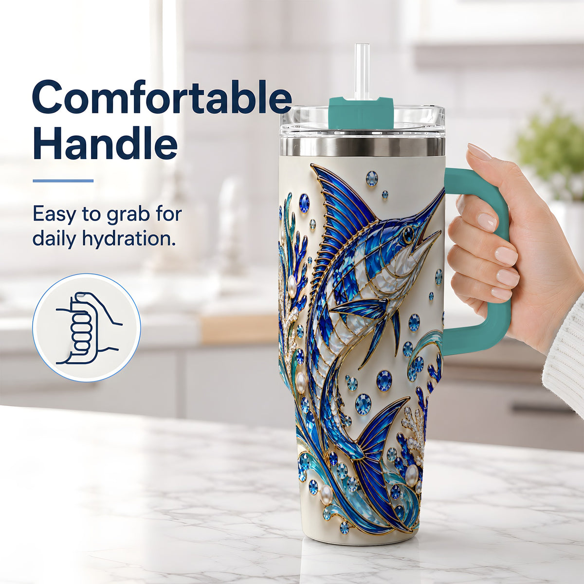 #pl[40oz|Green] Blue Billfish 40oz Tumbler, Faceted Ocean Coral and Pearl Artwork