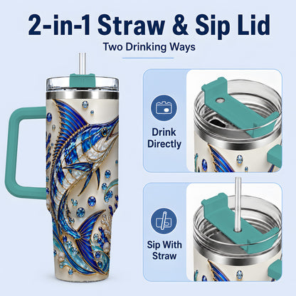 #pl[40oz|Green] Blue Billfish 40oz Tumbler, Faceted Ocean Coral and Pearl Artwork
