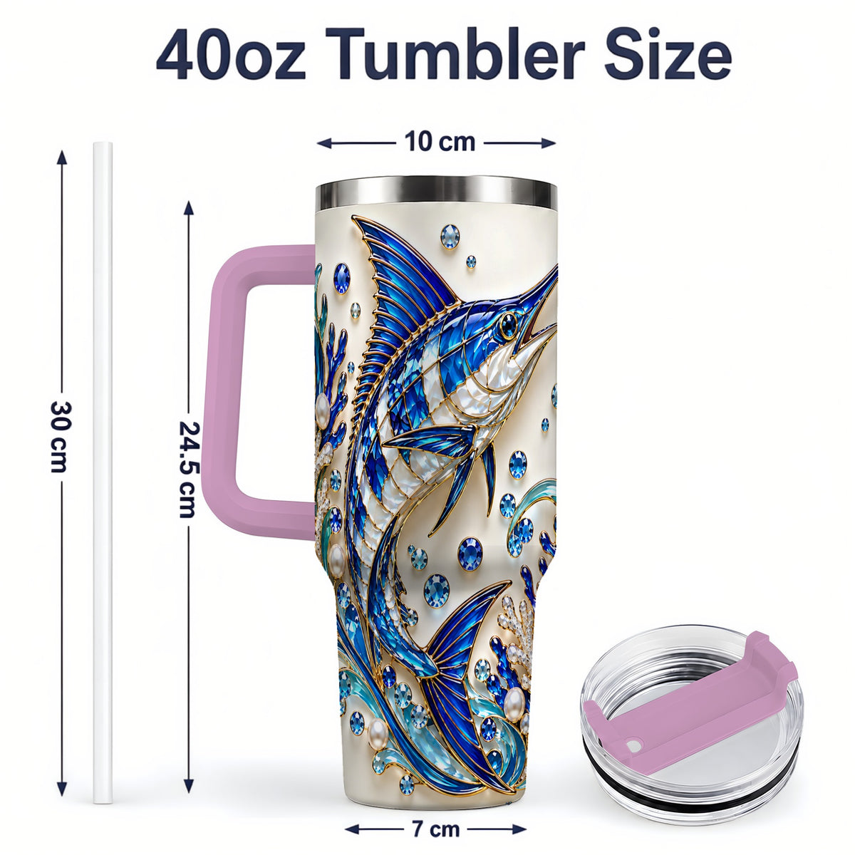 #pl[40oz|Pink] Blue Billfish 40oz Tumbler, Faceted Ocean Coral and Pearl Artwork