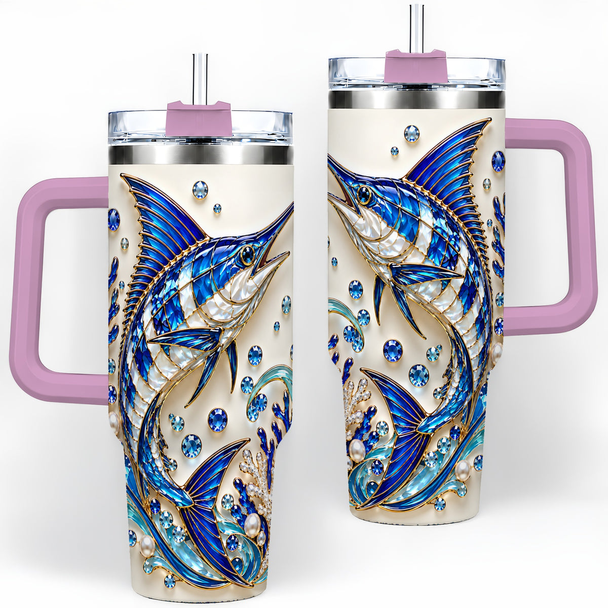 #pl[40oz|Pink] Blue Billfish 40oz Tumbler, Faceted Ocean Coral and Pearl Artwork