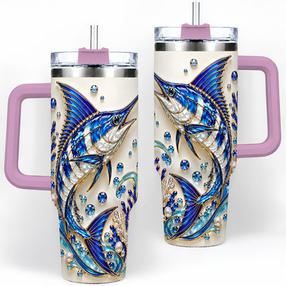 #pl[40oz|Pink] Blue Billfish 40oz Tumbler, Faceted Ocean Coral and Pearl Artwork