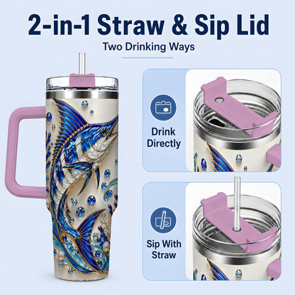 #pl[40oz|Pink] Blue Billfish 40oz Tumbler, Faceted Ocean Coral and Pearl Artwork