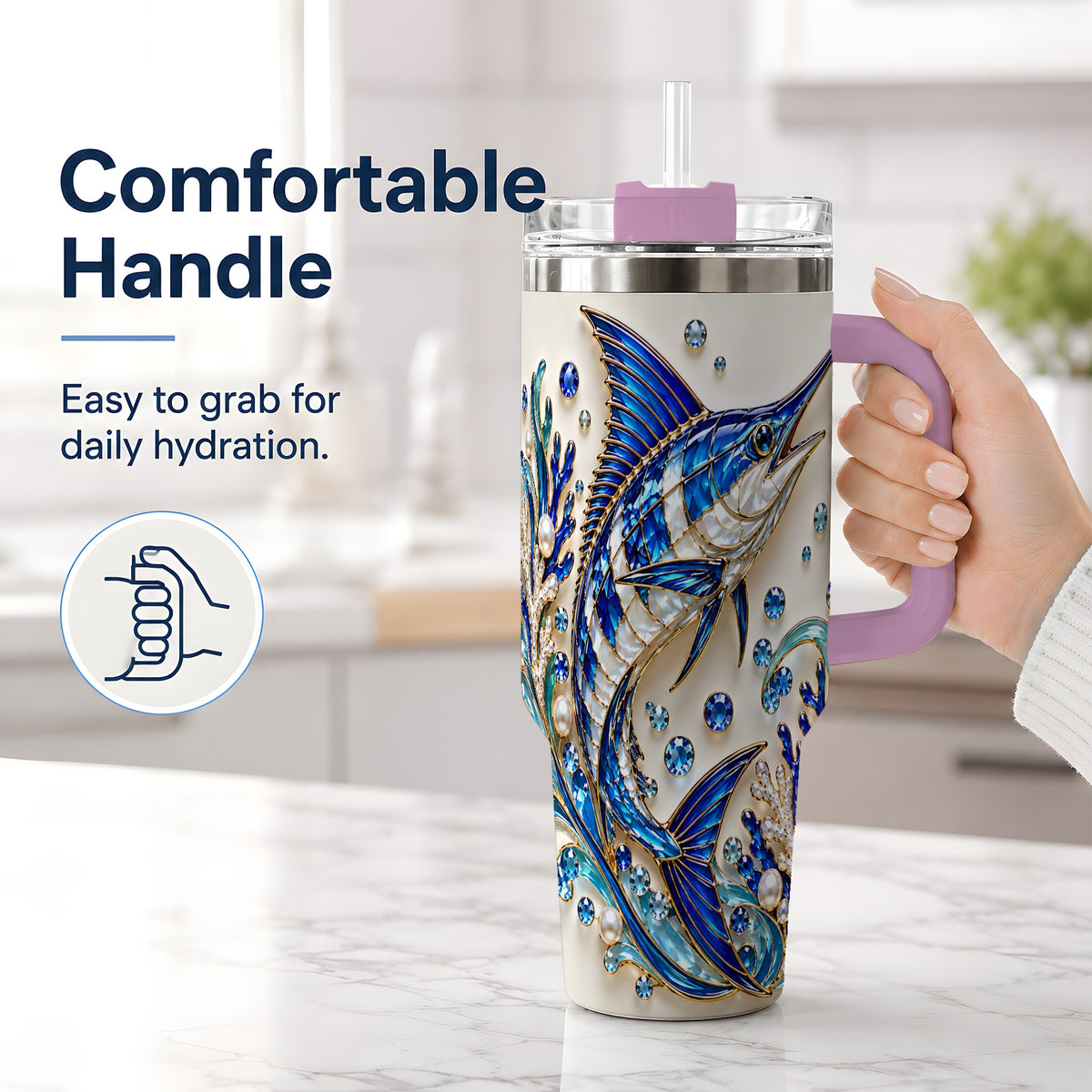 #pl[40oz|Pink] Blue Billfish 40oz Tumbler, Faceted Ocean Coral and Pearl Artwork