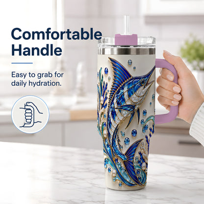 #pl[40oz|Pink] Blue Billfish 40oz Tumbler, Faceted Ocean Coral and Pearl Artwork