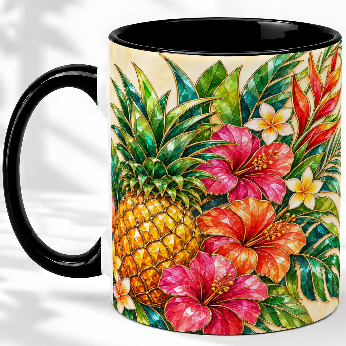 #pl[11oz|Black] Tropical Pineapple Accent Mug, Ceramic Mug with Hibiscus Artwork