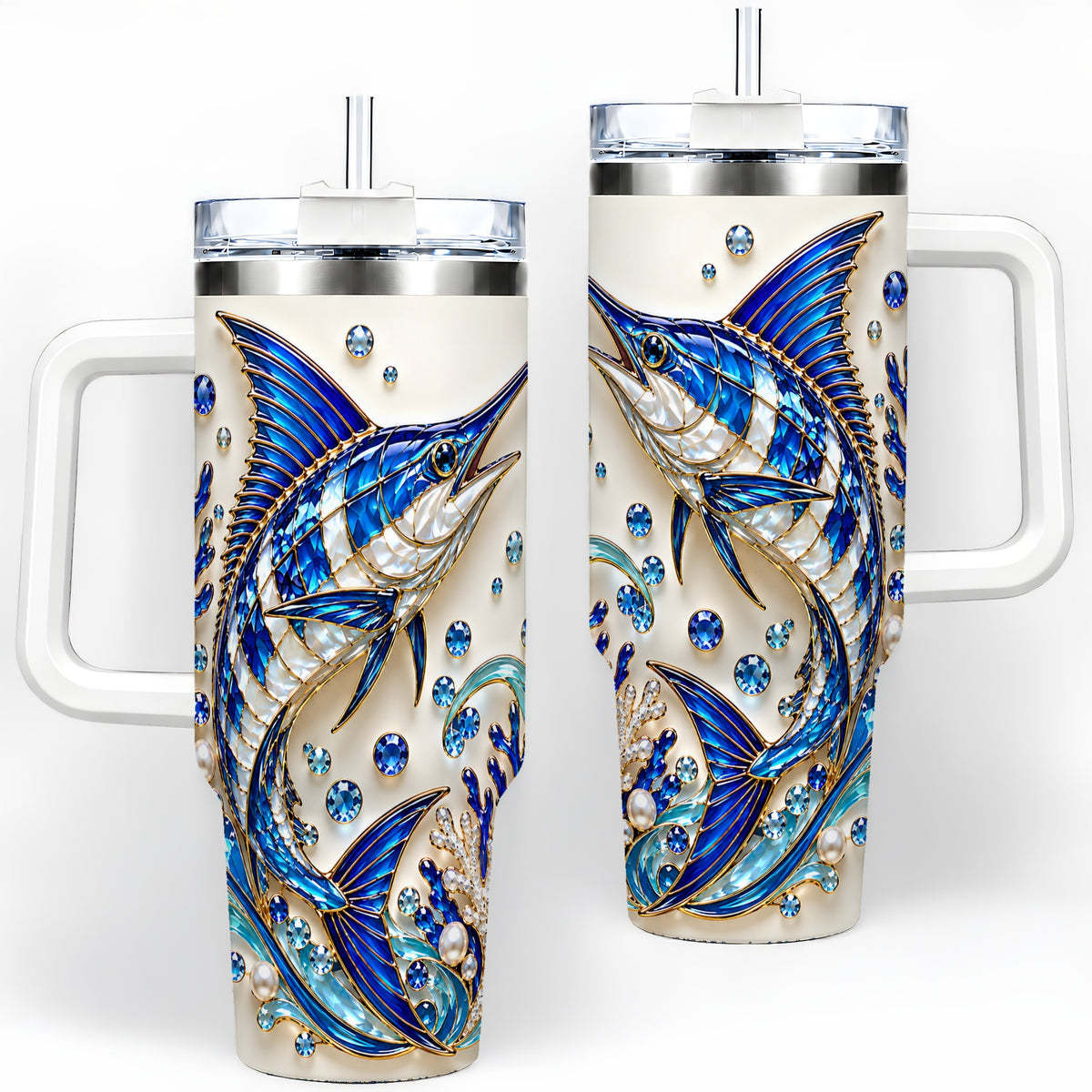 Blue Billfish 40oz Tumbler, Faceted Ocean Coral and Pearl Artwork