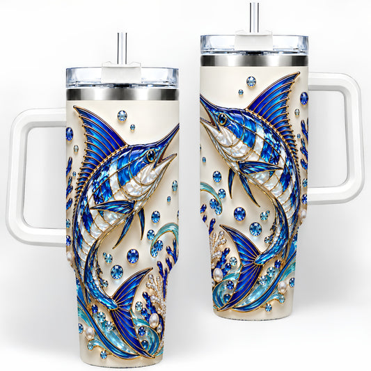 Blue Billfish 40oz Tumbler, Faceted Ocean Coral and Pearl Artwork