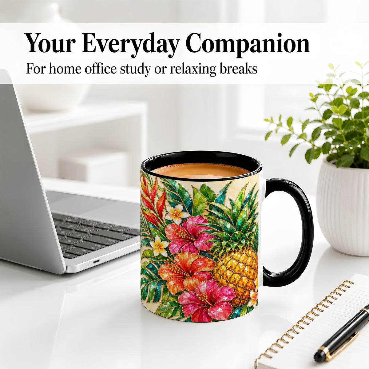 #pl[11oz|Black] Tropical Pineapple Accent Mug, Ceramic Mug with Hibiscus Artwork