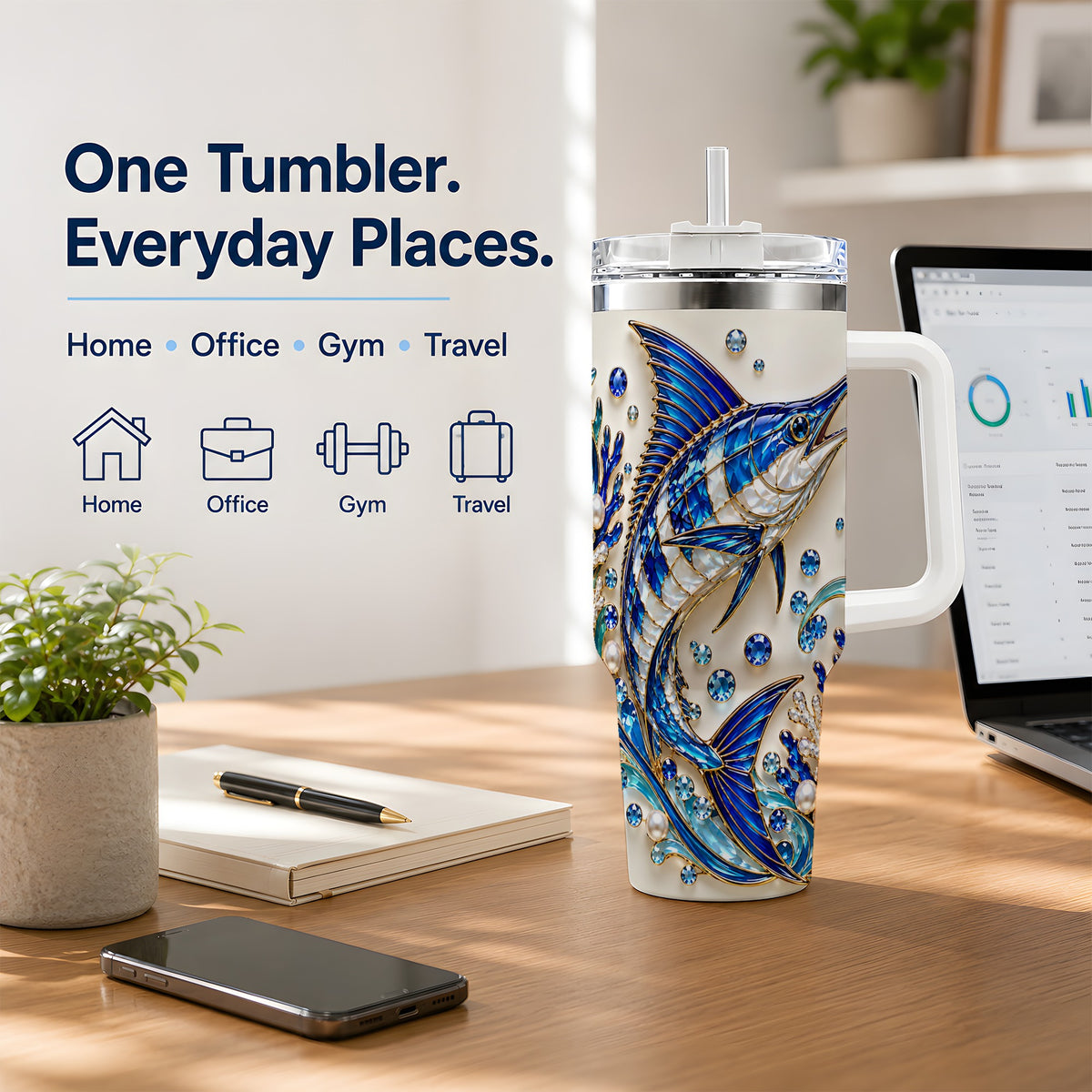 Blue Billfish 40oz Tumbler, Faceted Ocean Coral and Pearl Artwork