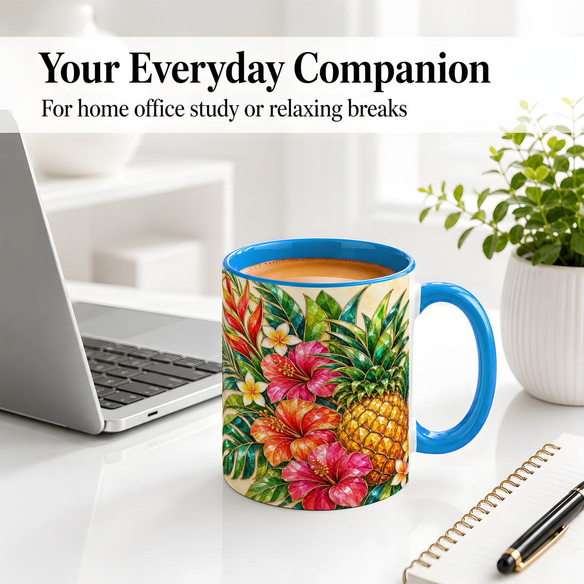 #pl[11oz|Blue] Tropical Pineapple Accent Mug, Ceramic Mug with Hibiscus Artwork