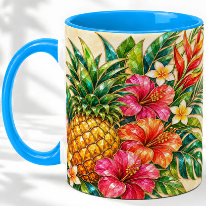 #pl[11oz|Blue] Tropical Pineapple Accent Mug, Ceramic Mug with Hibiscus Artwork