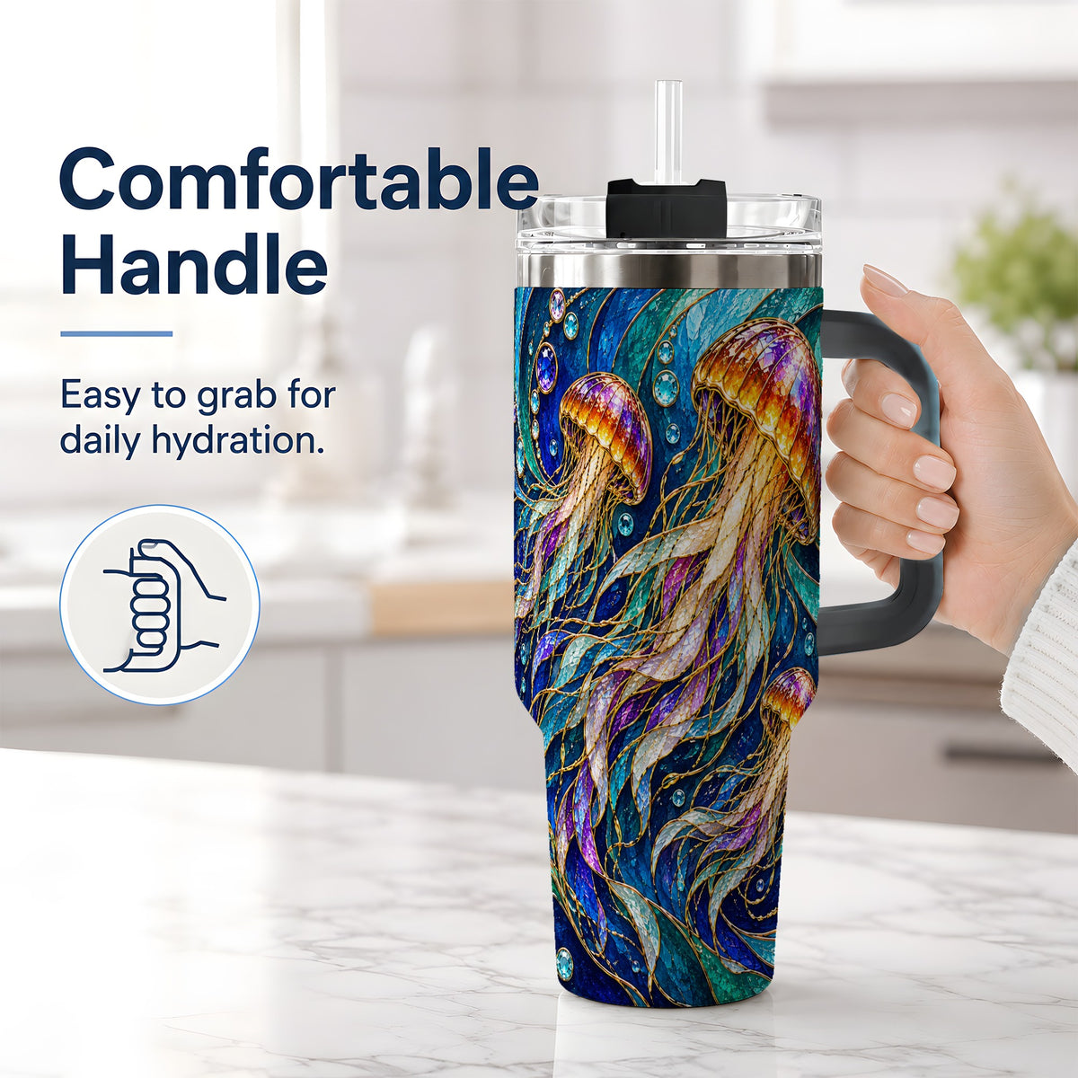 #pl[40oz|Black] Colorful Jellyfish 40oz Tumbler, Swirling Ocean Wave Artwork