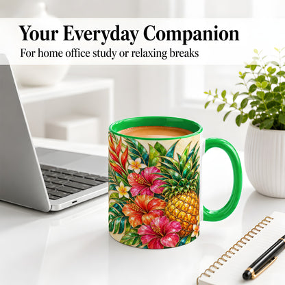 #pl[11oz|Green] Tropical Pineapple Accent Mug, Ceramic Mug with Hibiscus Artwork