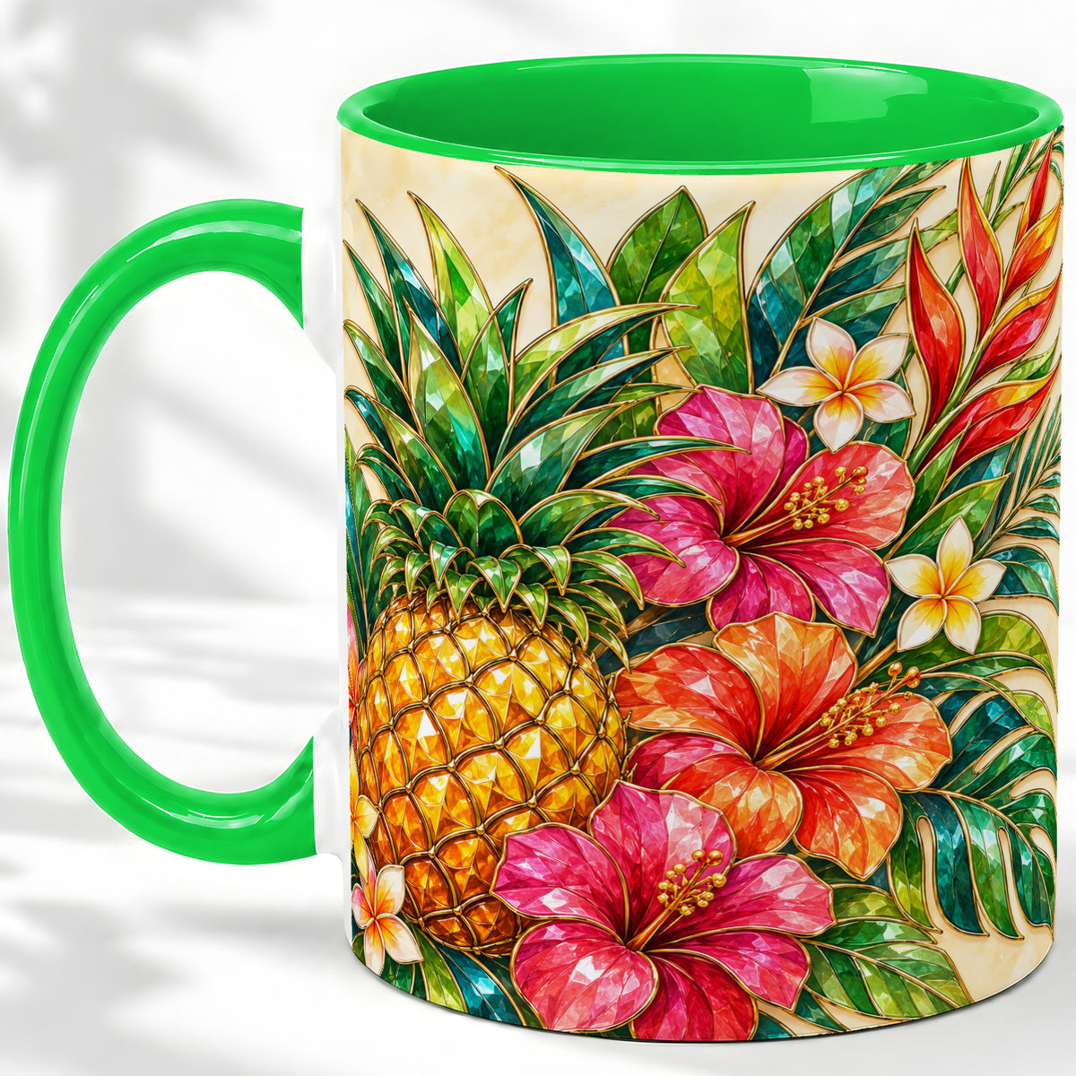 #pl[11oz|Green] Tropical Pineapple Accent Mug, Ceramic Mug with Hibiscus Artwork