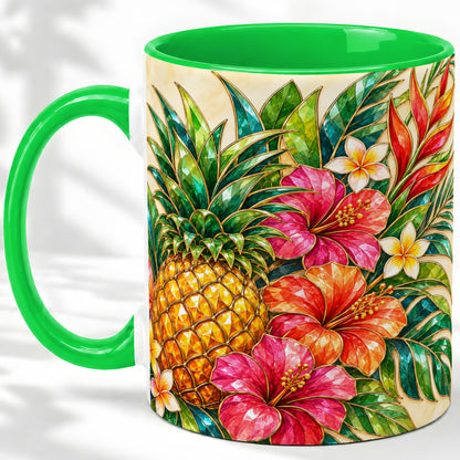 #pl[11oz|Green] Tropical Pineapple Accent Mug, Ceramic Mug with Hibiscus Artwork