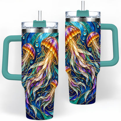 #pl[40oz|Green] Colorful Jellyfish 40oz Tumbler, Swirling Ocean Wave Artwork