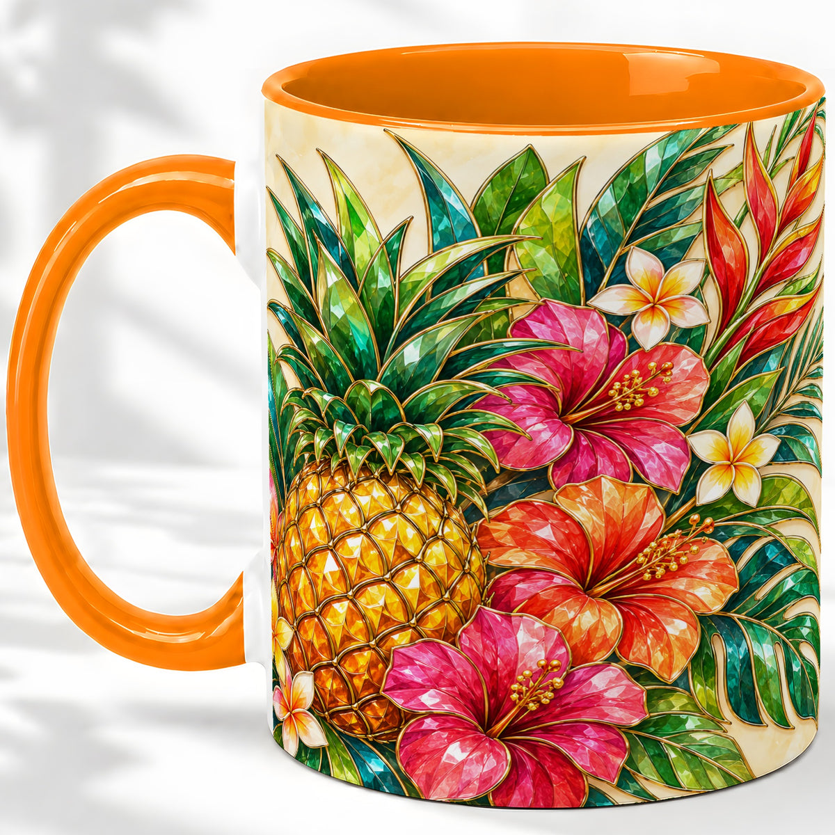 #pl[11oz|Orange] Tropical Pineapple Accent Mug, Ceramic Mug with Hibiscus Artwork