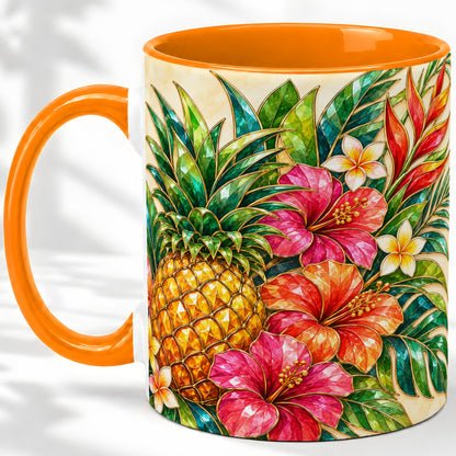 #pl[11oz|Orange] Tropical Pineapple Accent Mug, Ceramic Mug with Hibiscus Artwork
