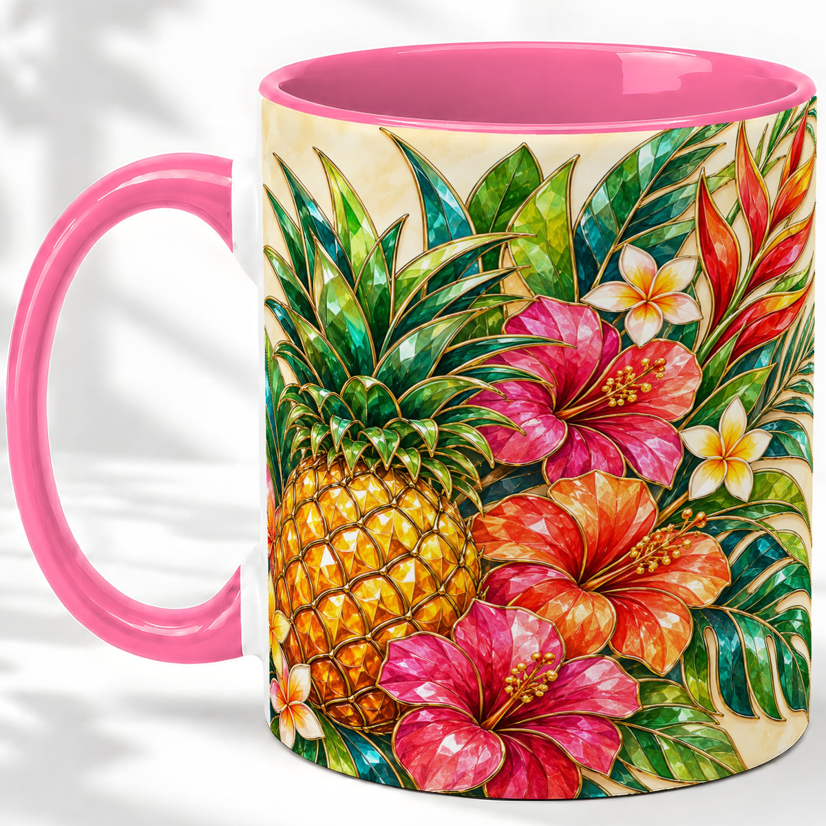 #pl[11oz|Pink] Tropical Pineapple Accent Mug, Ceramic Mug with Hibiscus Artwork