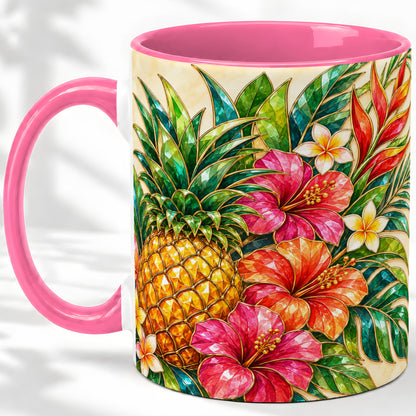 #pl[11oz|Pink] Tropical Pineapple Accent Mug, Ceramic Mug with Hibiscus Artwork