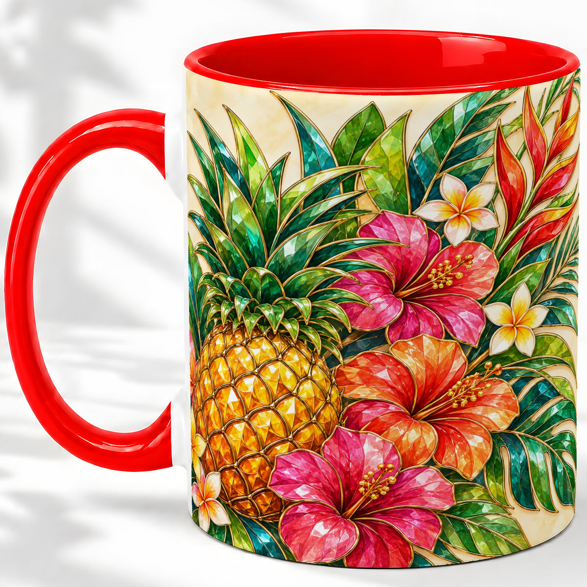 Tropical Pineapple Accent Mug, Ceramic Mug with Hibiscus Artwork