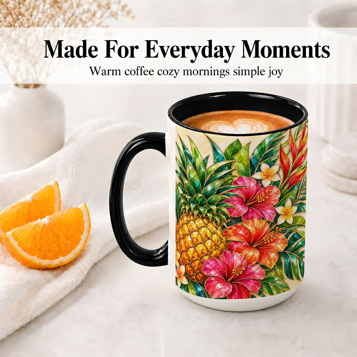 #pl[15oz|Black] Tropical Pineapple Accent Mug, Ceramic Mug with Hibiscus Artwork