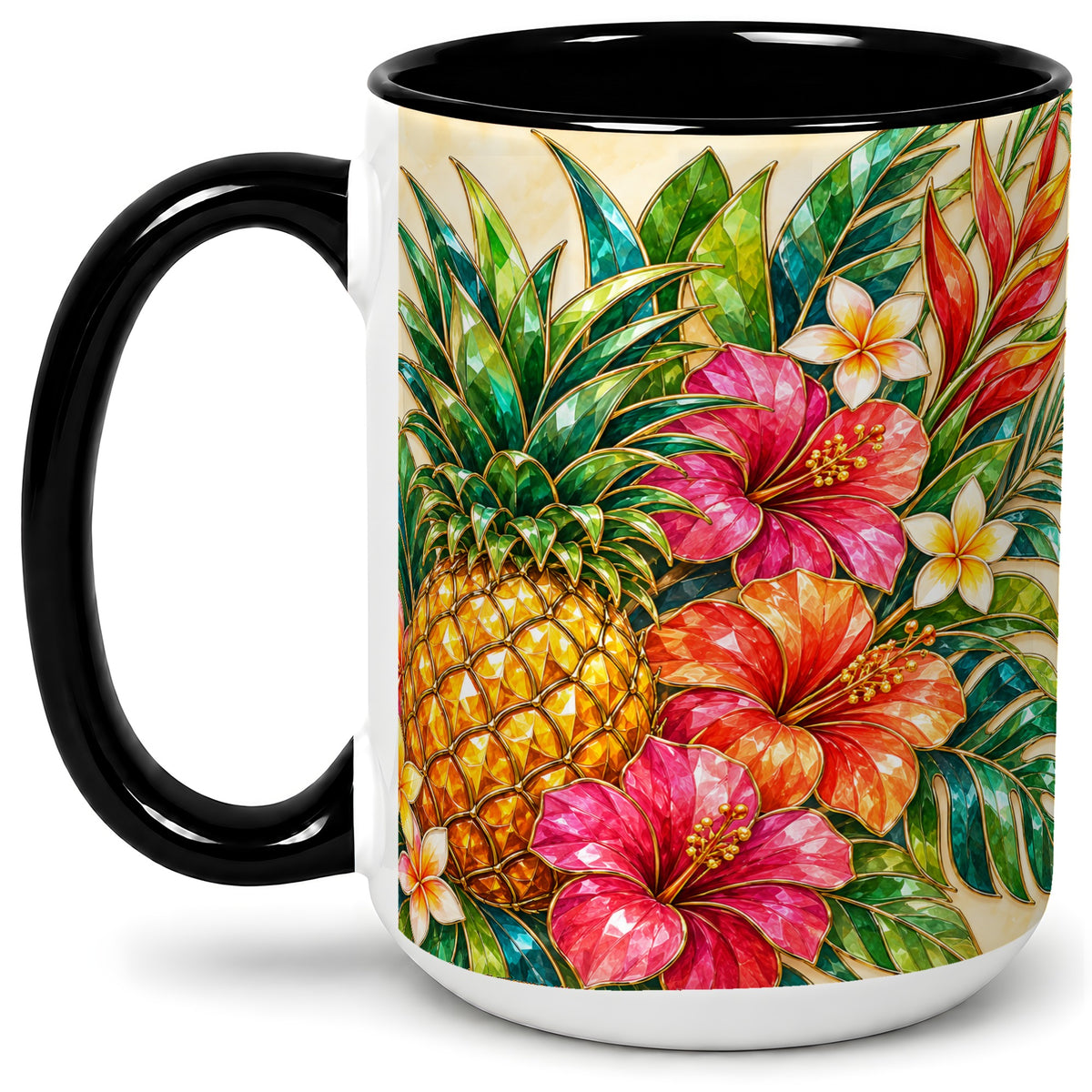 #pl[15oz|Black] Tropical Pineapple Accent Mug, Ceramic Mug with Hibiscus Artwork