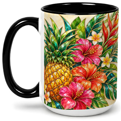 #pl[15oz|Black] Tropical Pineapple Accent Mug, Ceramic Mug with Hibiscus Artwork