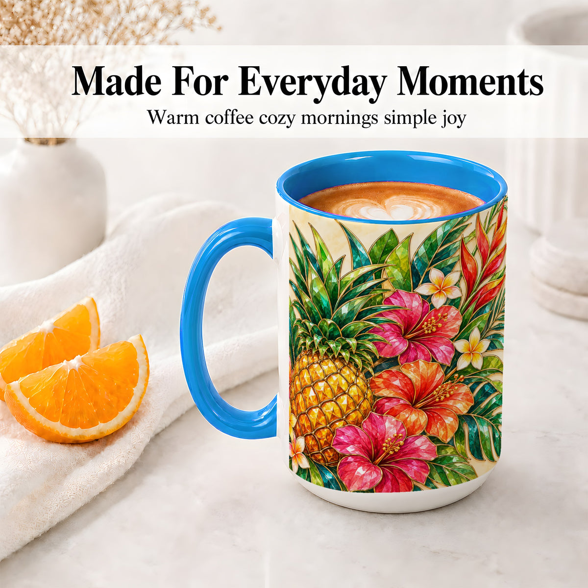 #pl[15oz|Blue] Tropical Pineapple Accent Mug, Ceramic Mug with Hibiscus Artwork