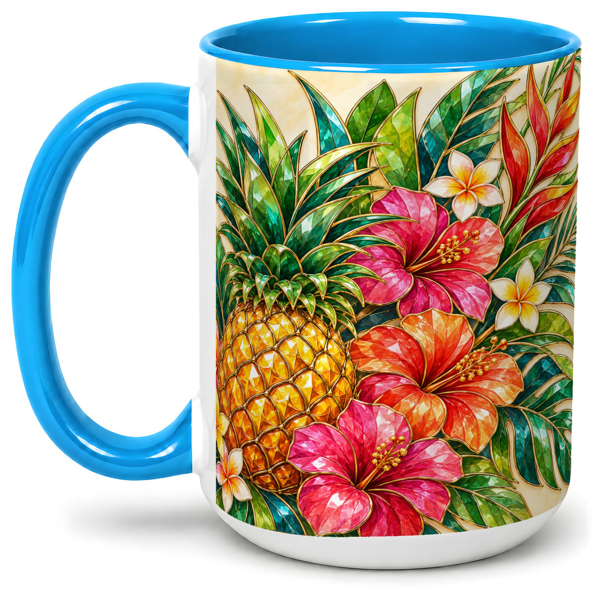 #pl[15oz|Blue] Tropical Pineapple Accent Mug, Ceramic Mug with Hibiscus Artwork