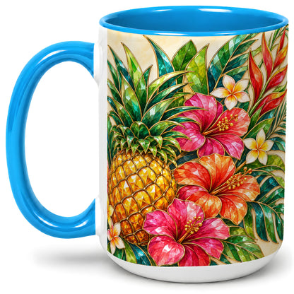 #pl[15oz|Blue] Tropical Pineapple Accent Mug, Ceramic Mug with Hibiscus Artwork