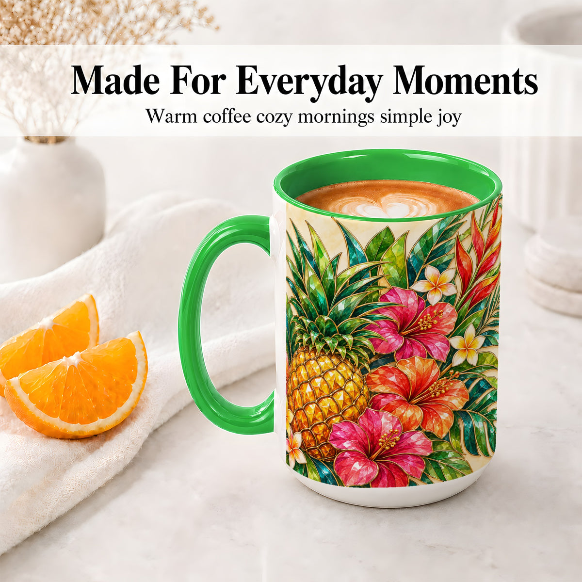 #pl[15oz|Green] Tropical Pineapple Accent Mug, Ceramic Mug with Hibiscus Artwork