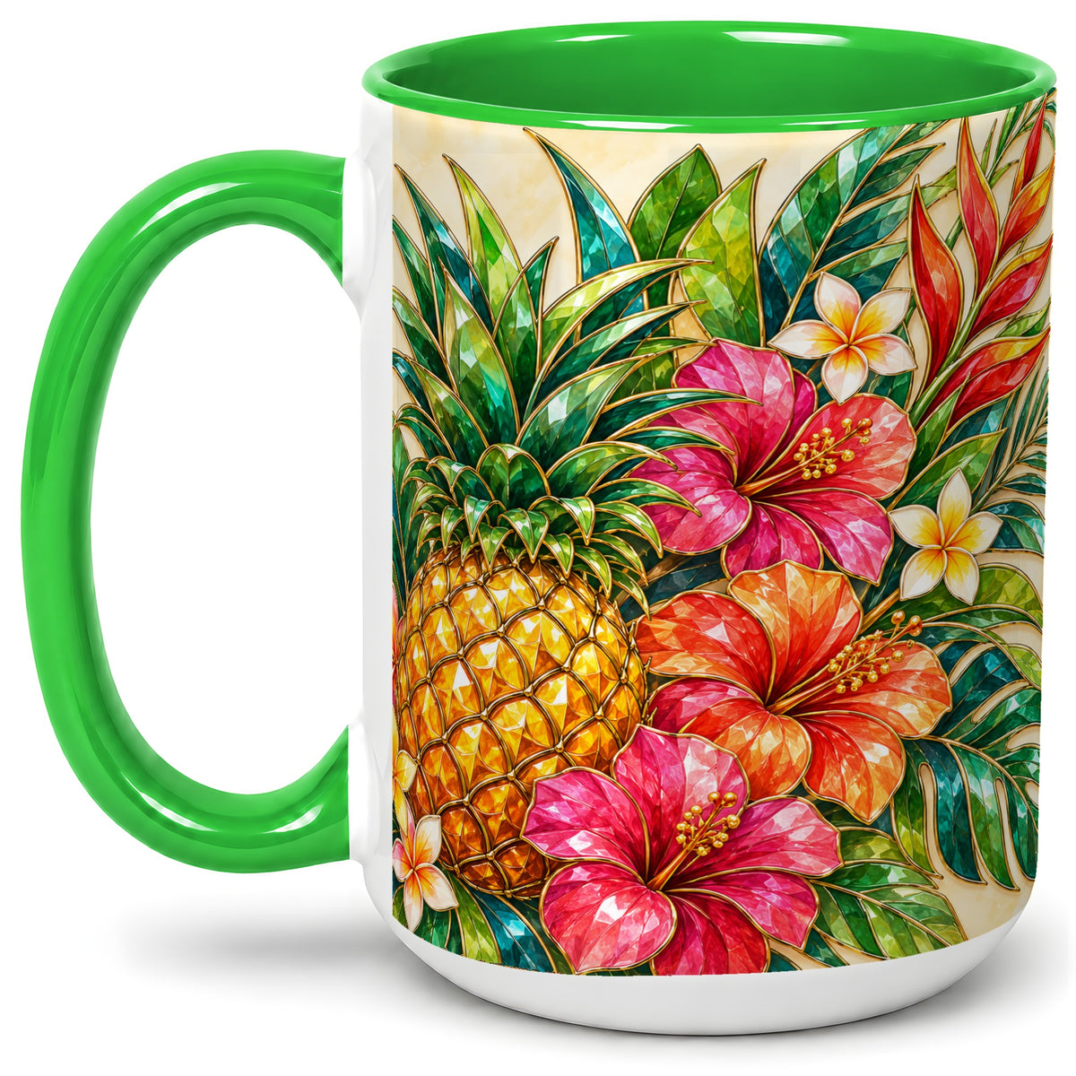 #pl[15oz|Green] Tropical Pineapple Accent Mug, Ceramic Mug with Hibiscus Artwork