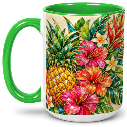 #pl[15oz|Green] Tropical Pineapple Accent Mug, Ceramic Mug with Hibiscus Artwork