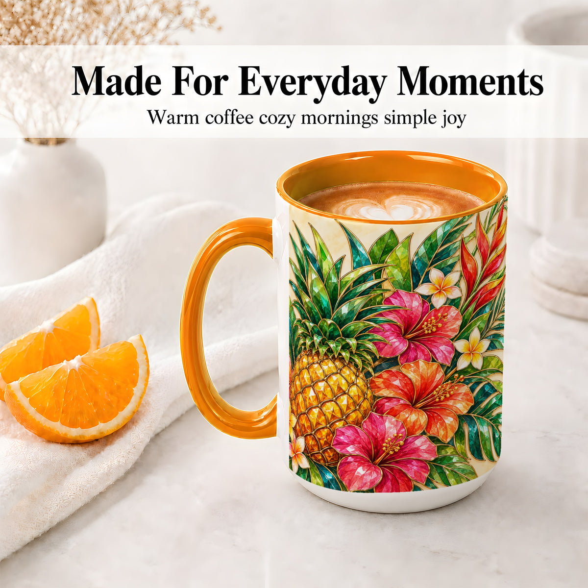 #pl[15oz|Orange] Tropical Pineapple Accent Mug, Ceramic Mug with Hibiscus Artwork