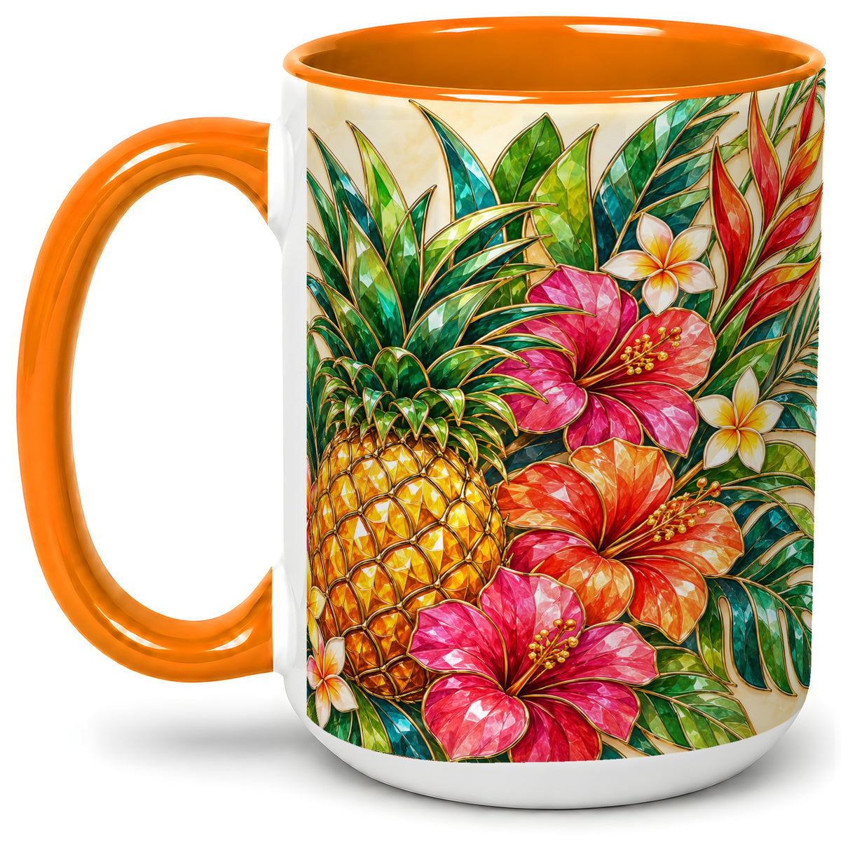 #pl[15oz|Orange] Tropical Pineapple Accent Mug, Ceramic Mug with Hibiscus Artwork