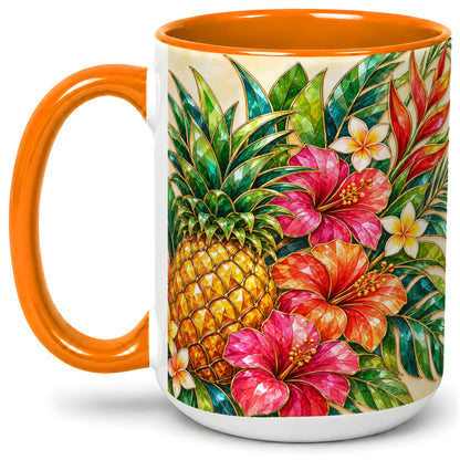 #pl[15oz|Orange] Tropical Pineapple Accent Mug, Ceramic Mug with Hibiscus Artwork