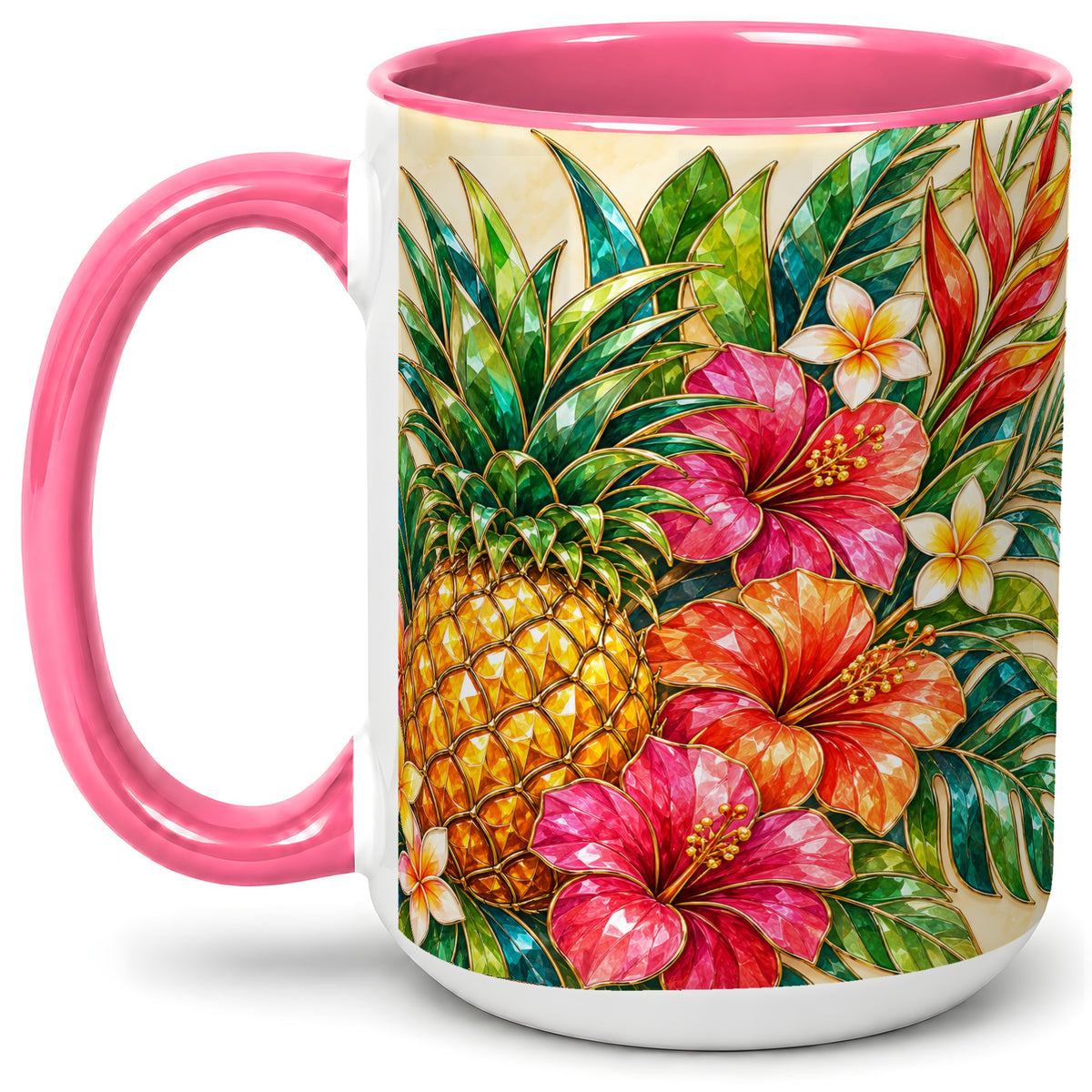 #pl[15oz|Pink] Tropical Pineapple Accent Mug, Ceramic Mug with Hibiscus Artwork