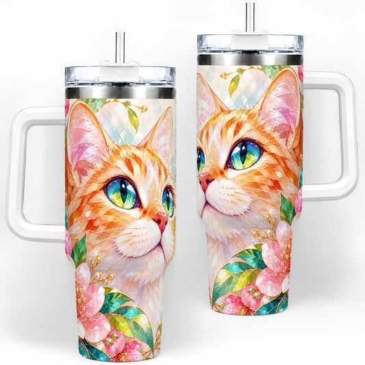 Orange Cat Floral 40oz Tumbler, Pink Blossom Artwork for Cat Lovers