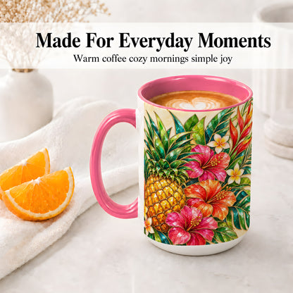 #pl[15oz|Pink] Tropical Pineapple Accent Mug, Ceramic Mug with Hibiscus Artwork