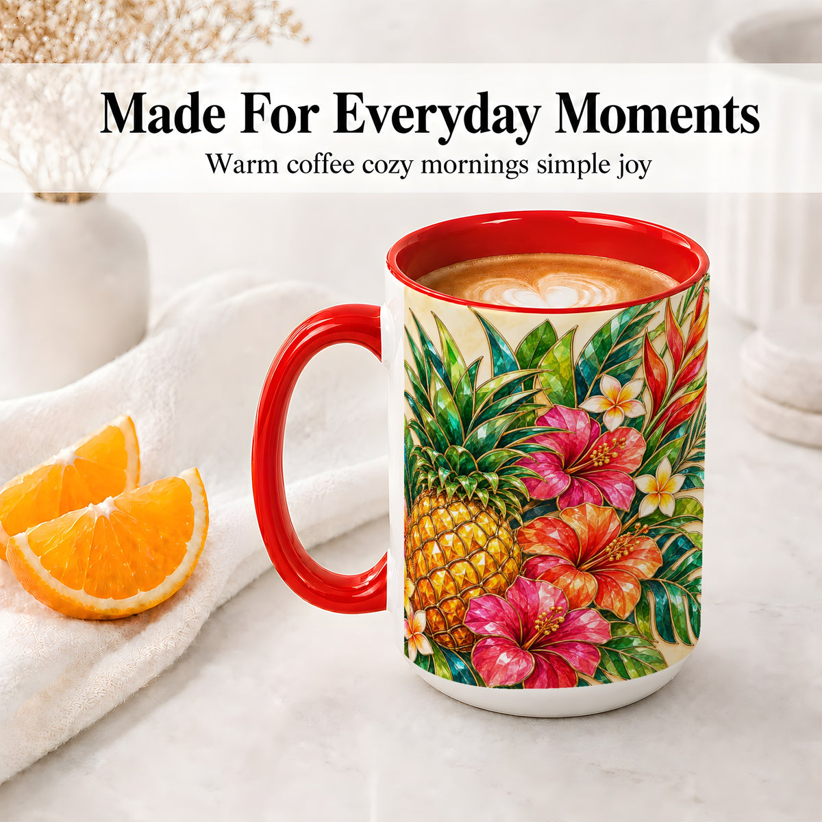 #pl[15oz|Red] Tropical Pineapple Accent Mug, Ceramic Mug with Hibiscus Artwork
