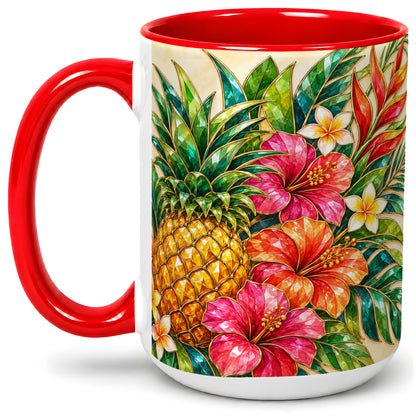 #pl[15oz|Red] Tropical Pineapple Accent Mug, Ceramic Mug with Hibiscus Artwork