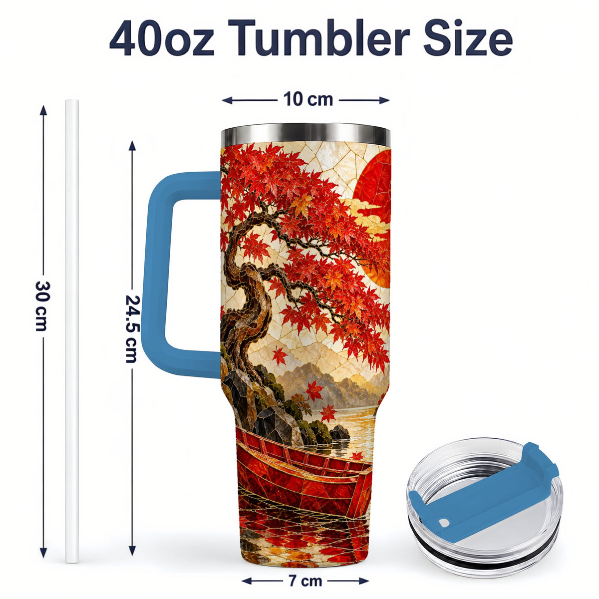 #pl[40oz|Blue] Japanese Autumn Maple Tumbler, 40oz Lakeside Art Drinkware with Boat