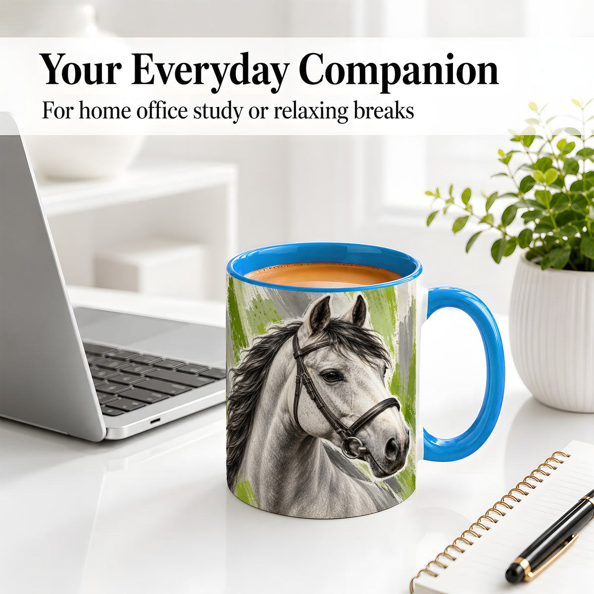 #pl[11oz|Blue] Horse Portrait Accent Mug, Ceramic Mug with Brushstroke Artwork